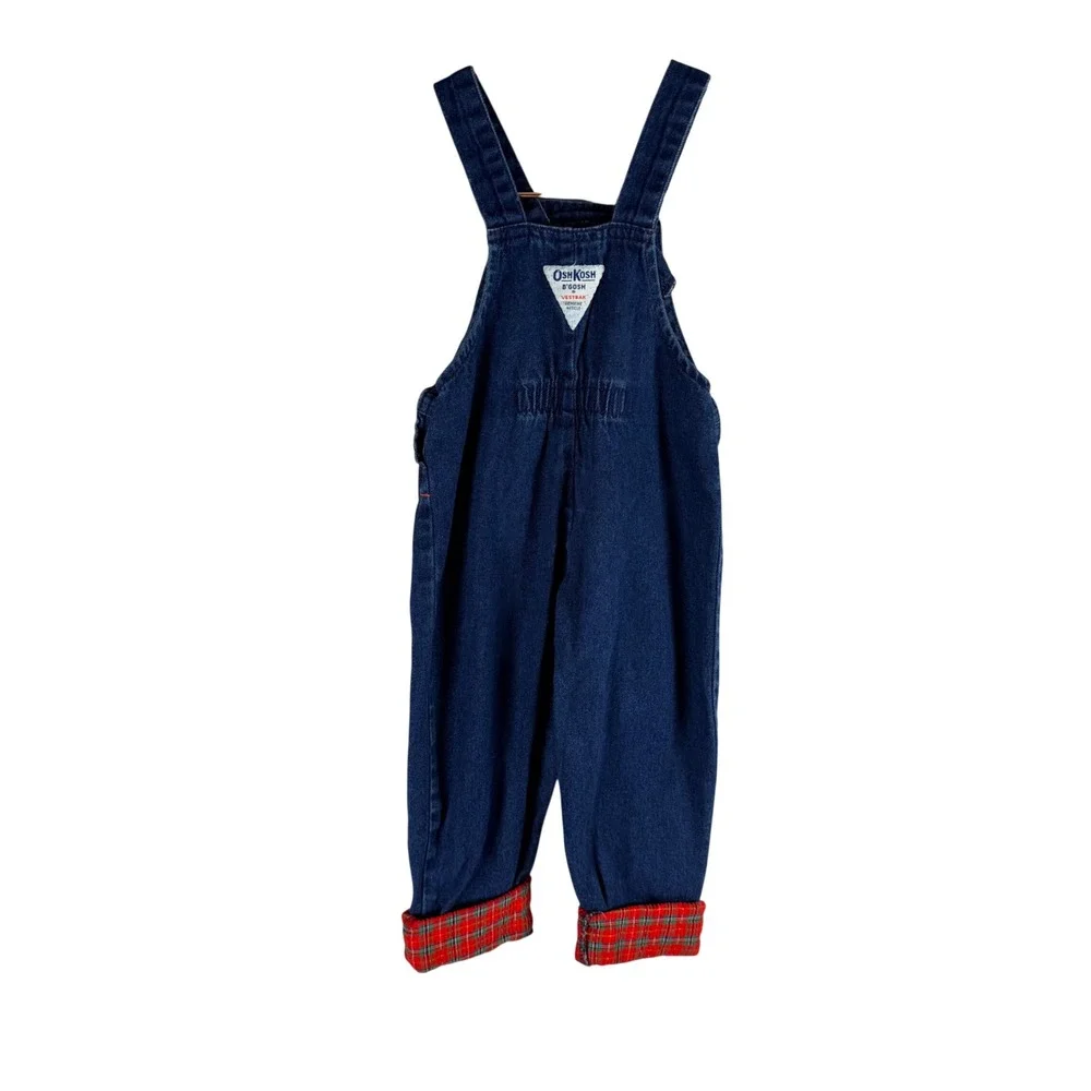 Vintage OshKosh B'gosh Vestbak Denim Overalls 2T Plaid Trim Made in USA Blue